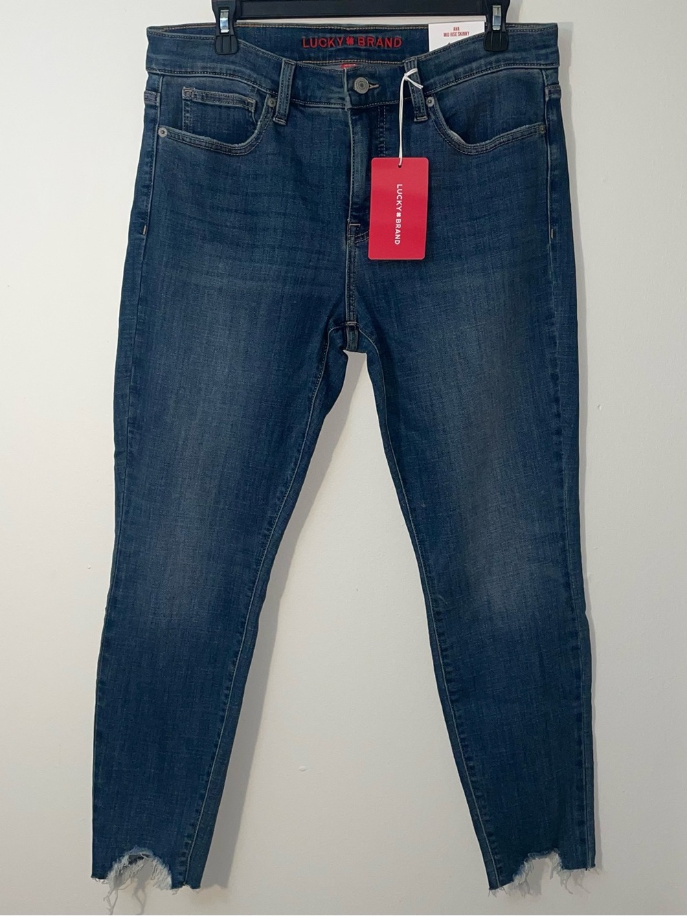 NWT Lucky Brand Women’s Mid Rise Ava Skinny Denim Jeans, Raw Frayed Ankle Hem